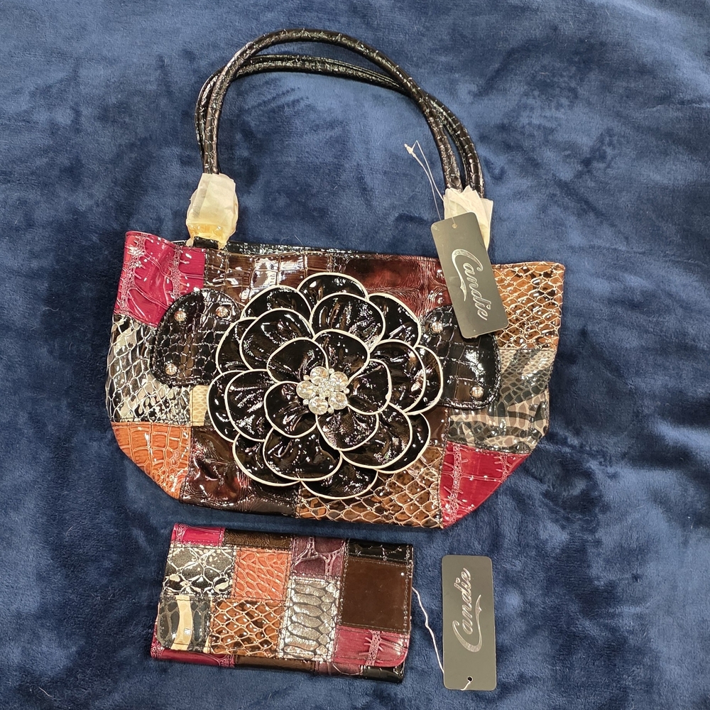 Candie's Multicolor Patchwork Tote with Floral Accent Wallet Bundle Snakeskin